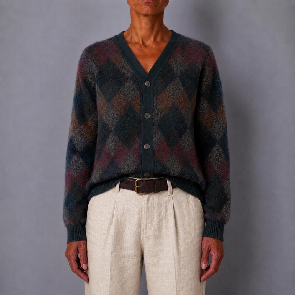 Vintage 90s Made In Italy Florence Tricot Wool Blend Argyle Cardigan Size XL